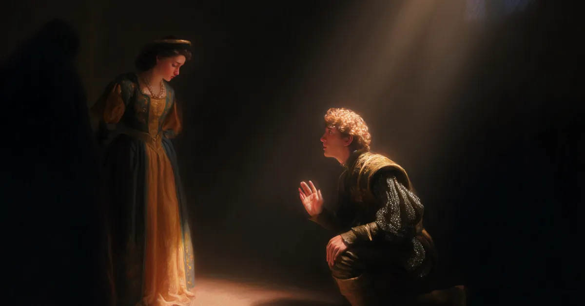 Isabella visiting Claudio in prison as he pleads for life under dim torchlight in Act 3 Scene 1