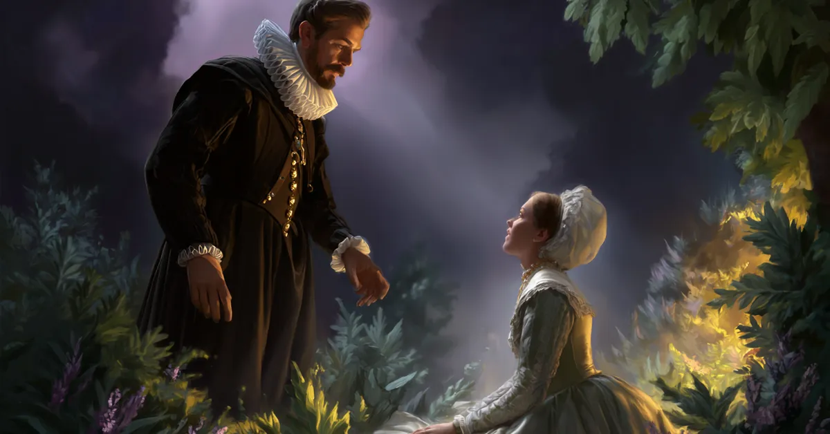 The Duke instructing Mariana in a shadowy garden on how to carry out the bed trick in Act 4 Scene 1