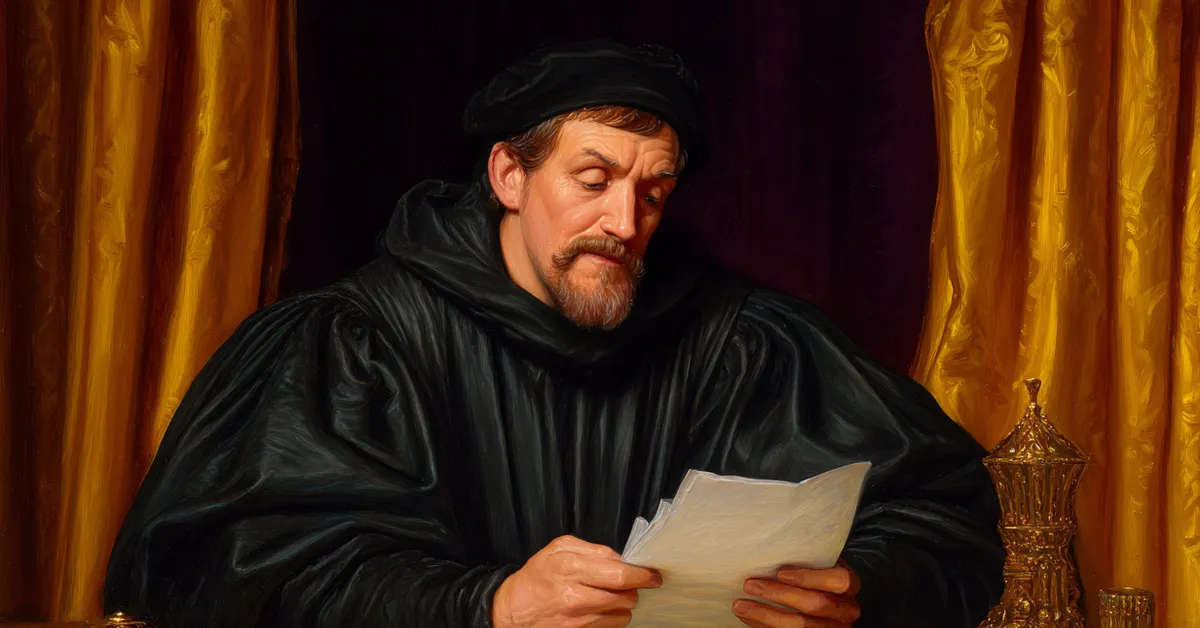 The Duke reading secret letters while disguised as a friar in Act 4 Scene 3