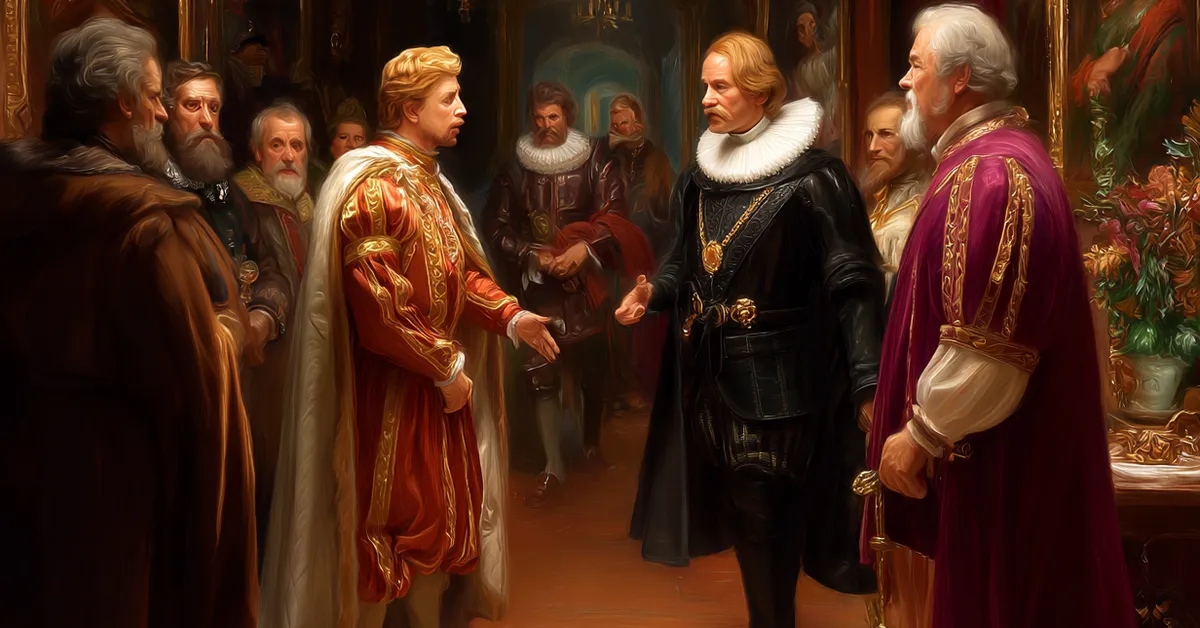 Angelo meeting advisors as the Duke secretly returns to Vienna in Act 4 Scene 4