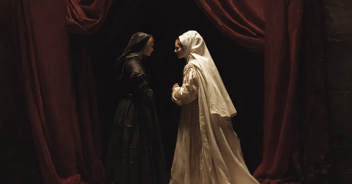 Isabella and Mariana meeting secretly under cloaks before the trial in Act 4 Scene 6