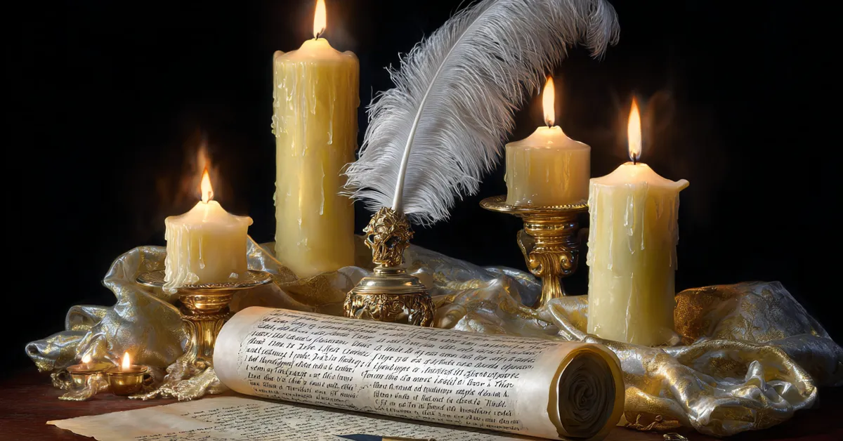 Scroll of handwritten quotes from Measure For Measure surrounded by candles and quill pen