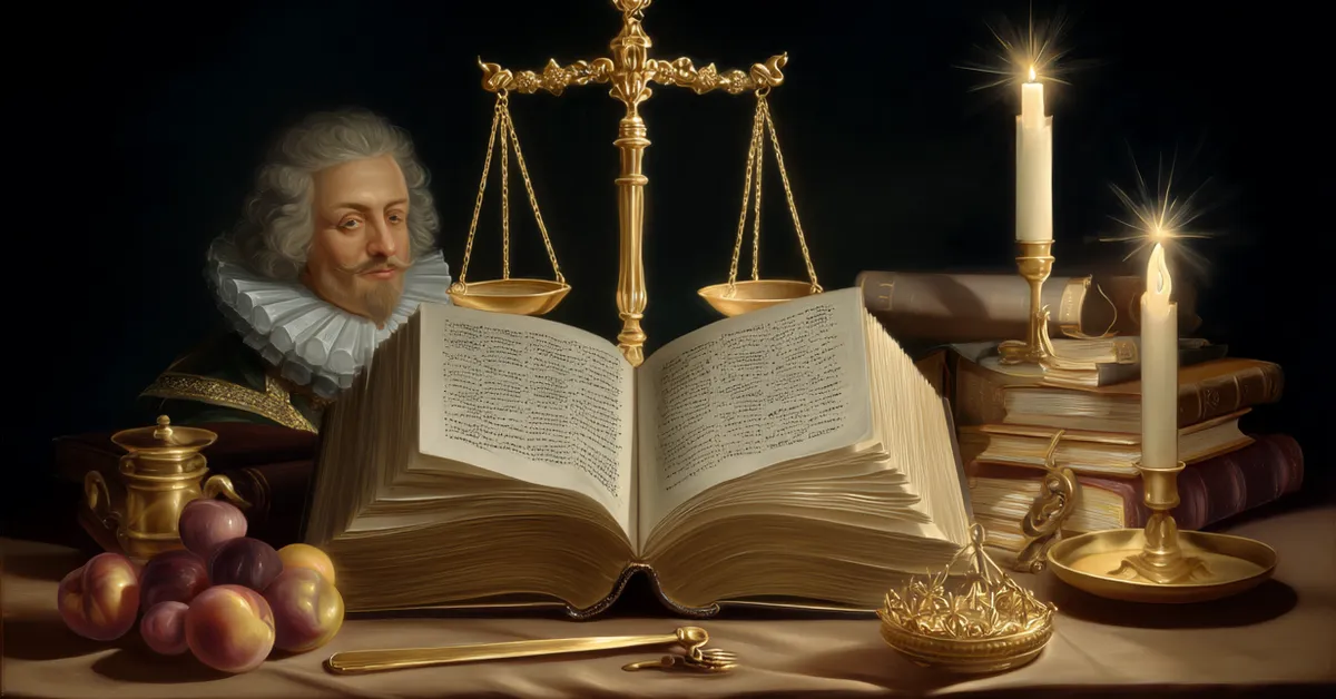 Open book with scales of justice and light motifs illustrating themes and irony from Measure For Measure