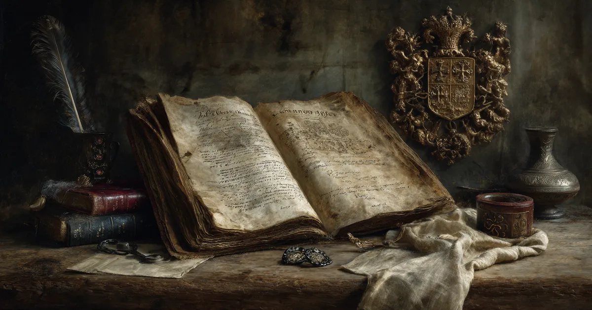 A medieval chronicle open on a wooden table beside a quill and a royal crest suggesting the unfolding civil strife in Henry VI Part 2