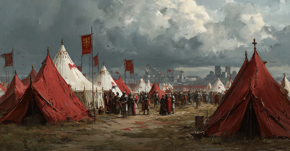 A medieval war camp under a cloudy sky with tents and armed guards hinting at the tension in Henry IV Part 1 Act 1