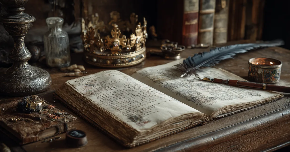 A medieval war chronicle open on a wooden table beside a quill and a crown emblem signaling the turbulent story of Henry VI Part 3
