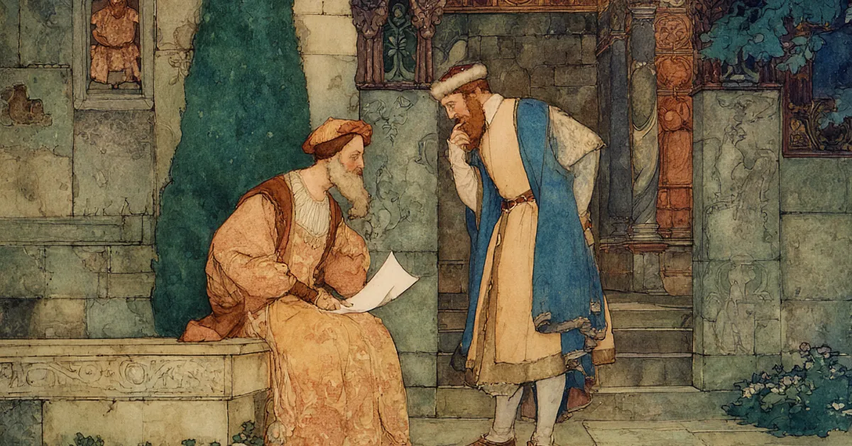 Antonio and Bassanio discussing the risky bond in a Venetian courtyard during Act 1 of The Merchant Of Venice