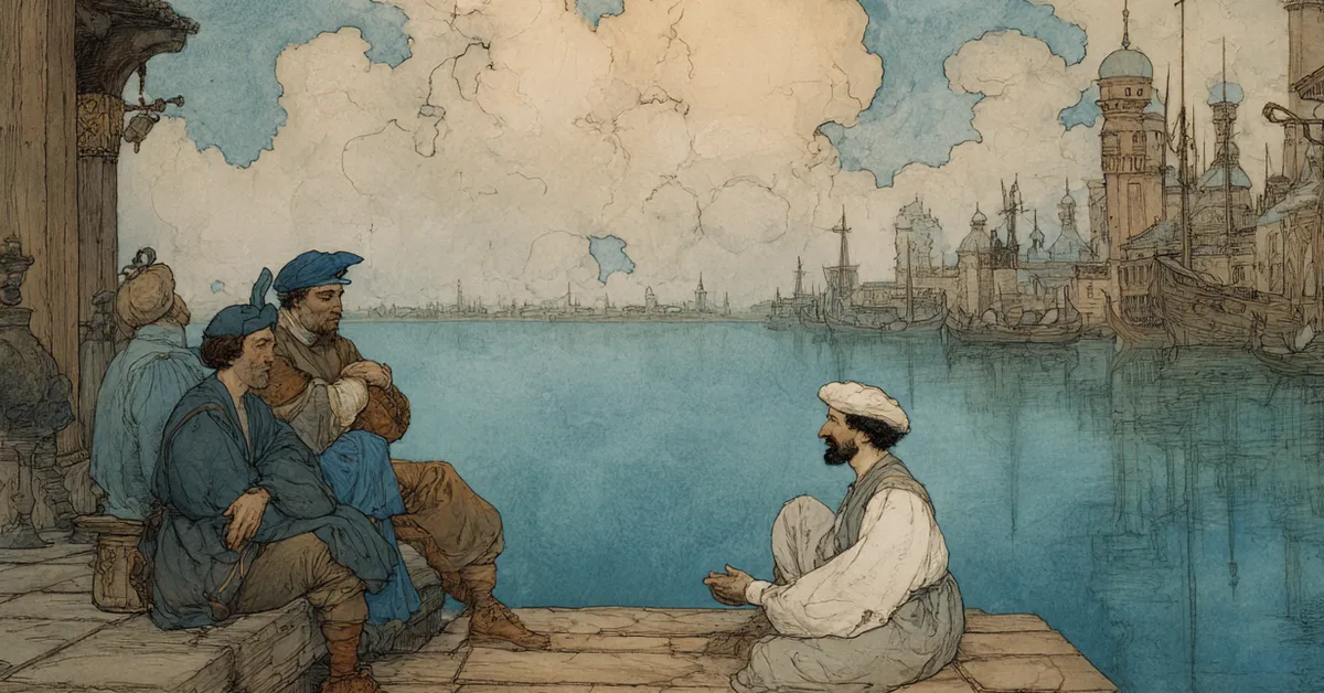 Antonio sitting by the docks with friends Salerio and Solanio discussing his sadness in Act 1 Scene 1