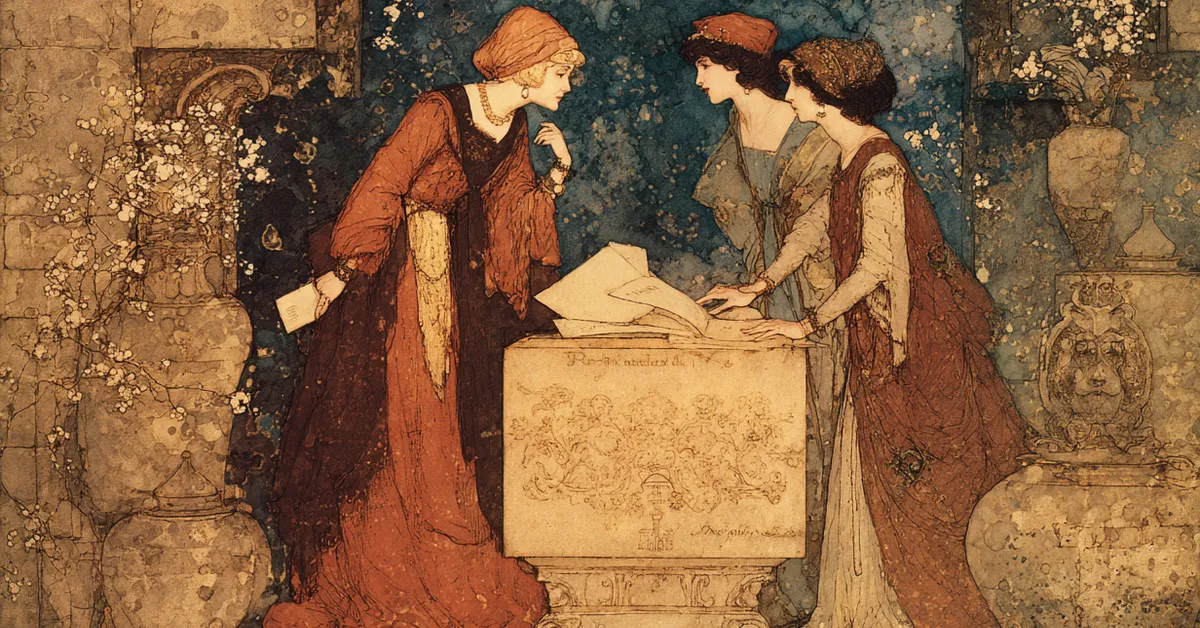 Portia and Nerissa in Belmont discussing her suitors among caskets and letters in Act 1 Scene 2