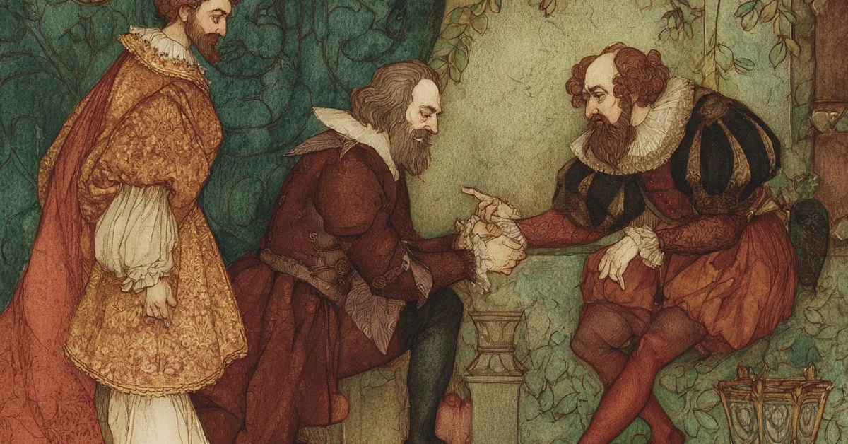 Shylock and Antonio sealing the bond as Bassanio looks on in Act 1 Scene 3