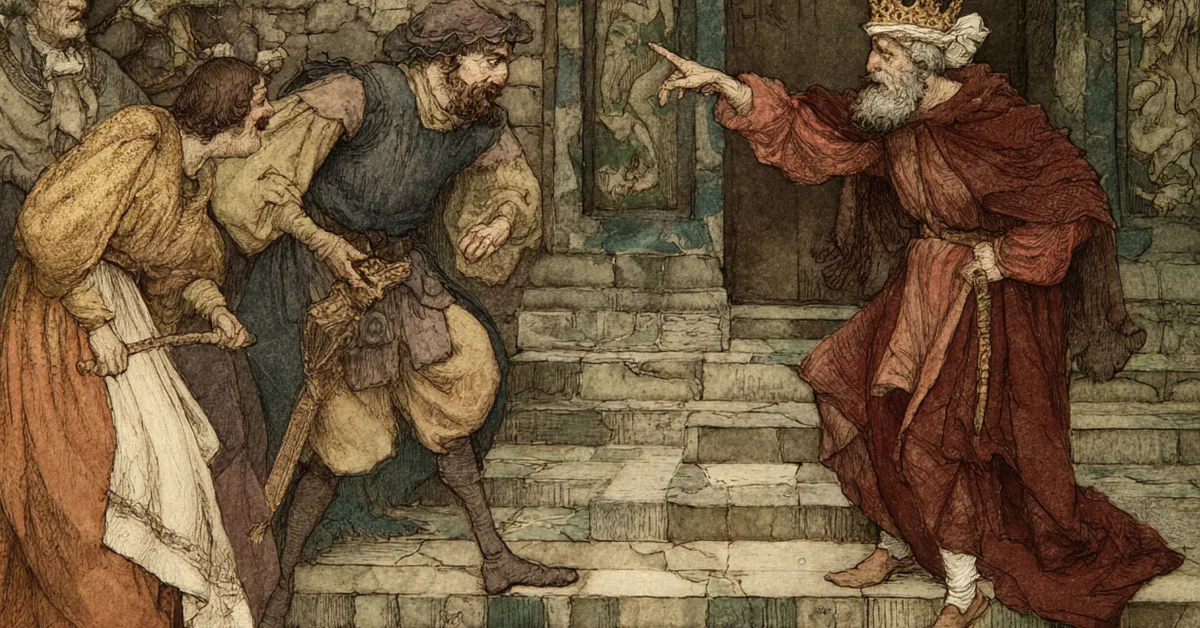 Launcelot Gobbo debating whether to leave Shylock�s service with comic gestures in Act 2 Scene 2