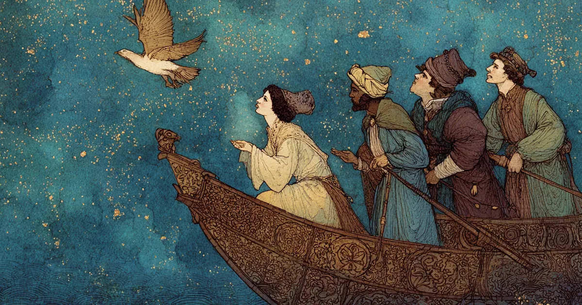 Lorenzo and friends planning Jessica�s flight under the night sky in Act 2 Scene 4