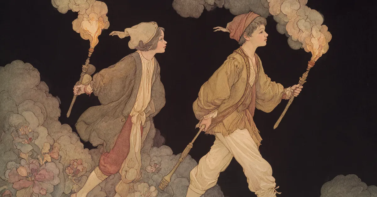 Jessica disguised as a boy joining Lorenzo with torches as they elope in Act 2 Scene 6