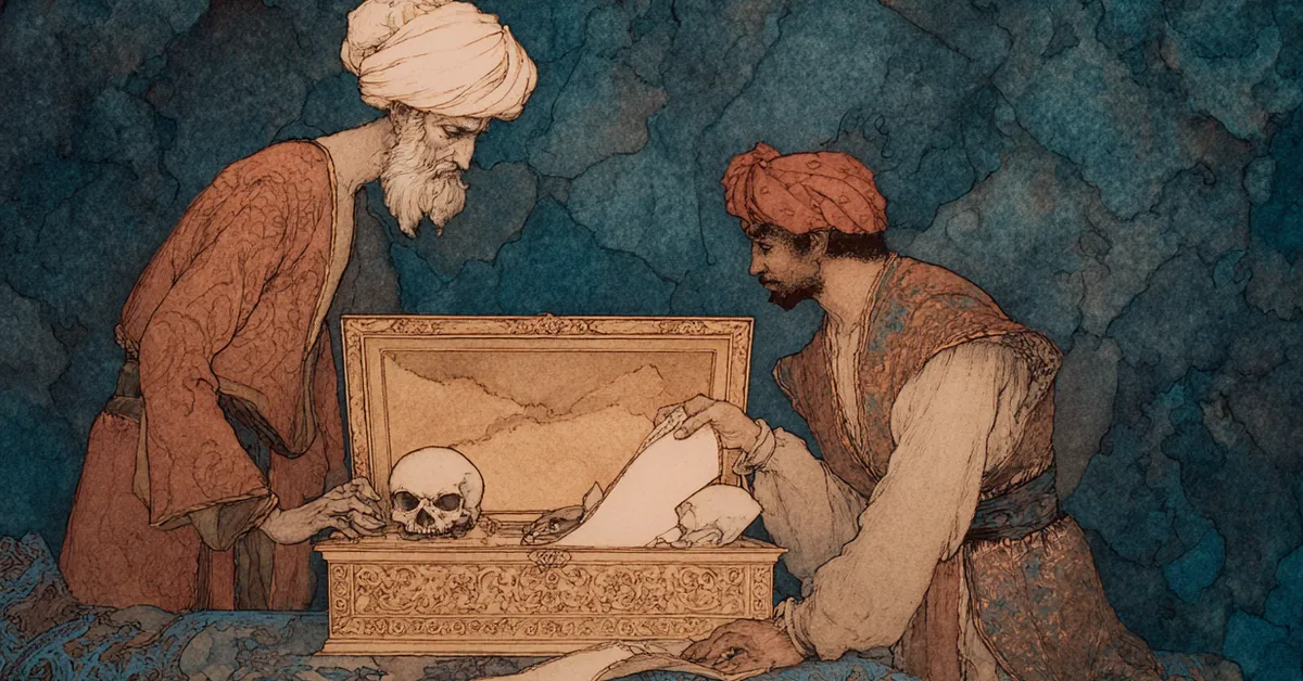 Prince of Morocco opening the golden casket to reveal a skull and scroll in Act 2 Scene 7