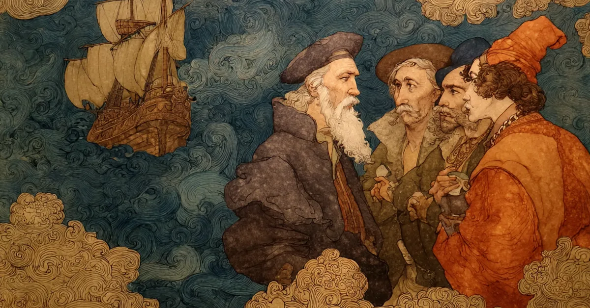 Salerio and Solanio gossiping about Antonio�s ships and Shylock�s rage in Act 2 Scene 8