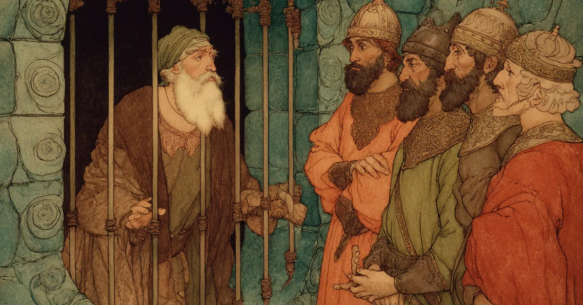 Antonio standing beside prison bars speaking calmly before guards in Act 3 Scene 3