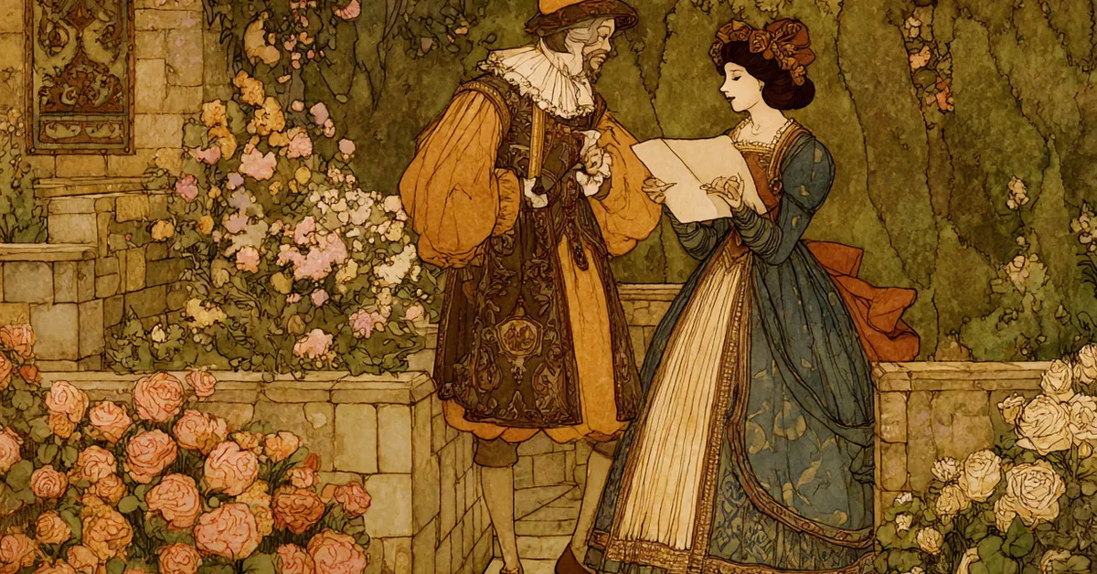 Portia and Nerissa planning disguises as lawyers in Belmont�s garden in Act 3 Scene 4