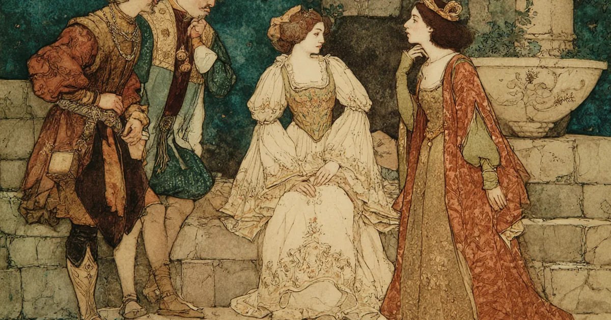 Nerissa teasing Gratiano as they prepare to follow Portia in disguise in Act 3 Scene 5