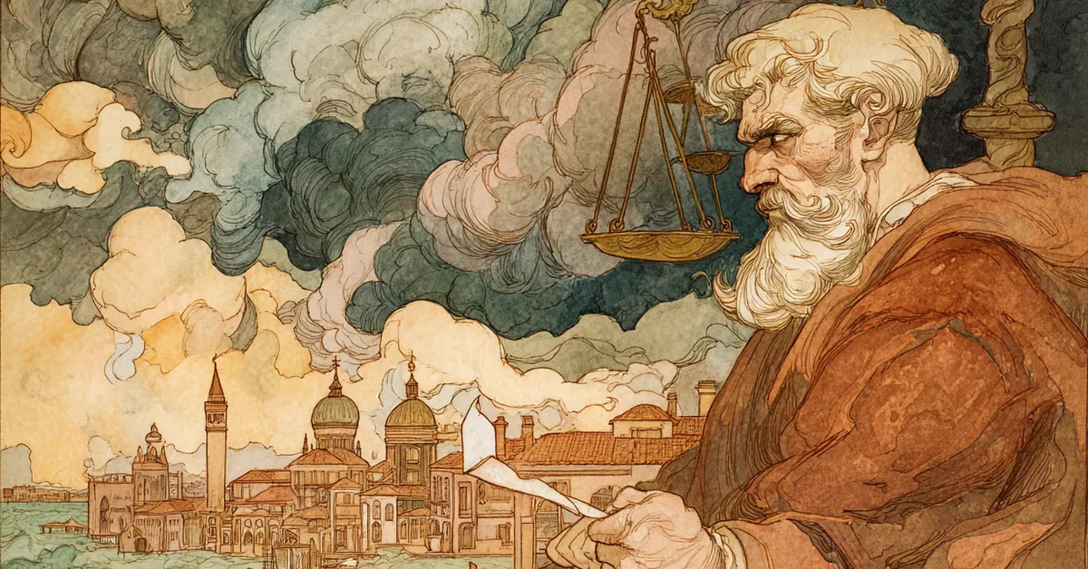 Shylock clutching scales and a bond in anger as storm clouds gather over Venice in Act 3 of The Merchant Of Venice