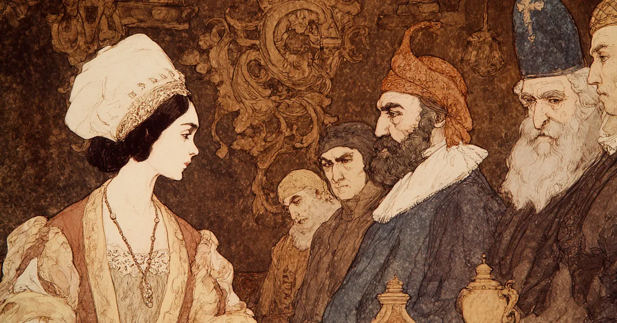 Portia disguised as a lawyer arguing for mercy before the Duke in the court scene of Act 4 from The Merchant Of Venice