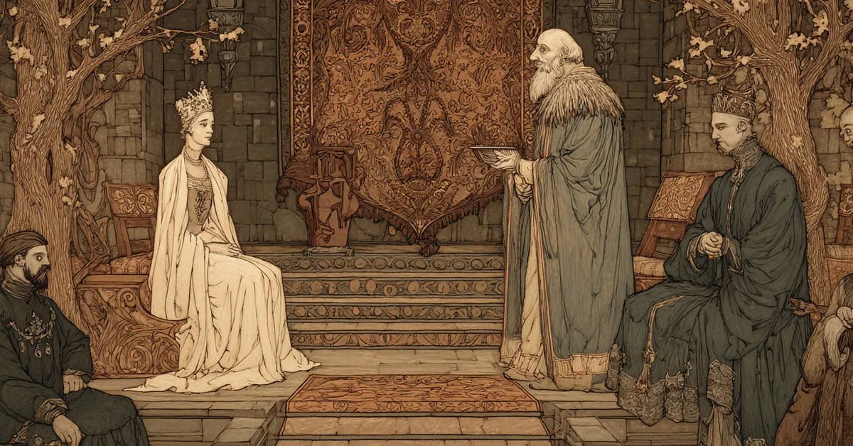 Portia as Balthazar presenting the quality of mercy speech before the Duke in Act 4 Scene 1