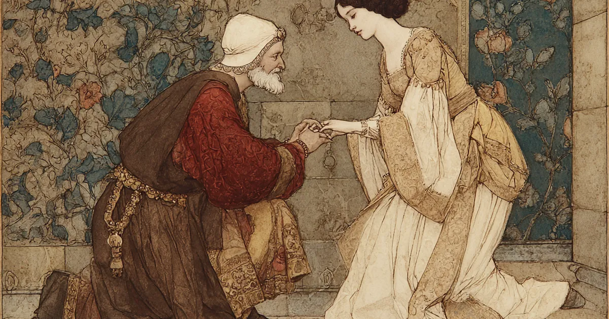 Gratiano delivering the ring to Nerissa disguised as a clerk in Act 4 Scene 2