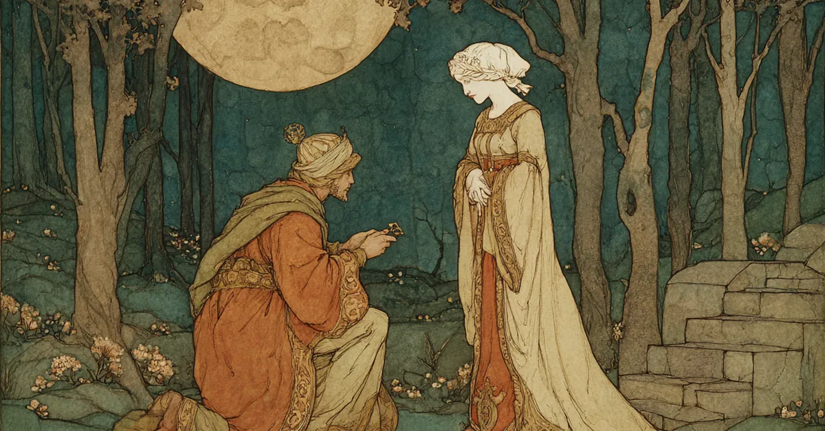 Portia revealing her disguise as Bassanio returns the ring under moonlight in Act 5 of The Merchant Of Venice