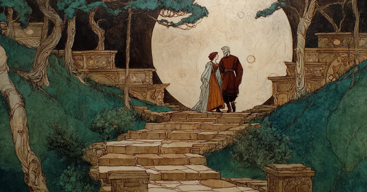 Bassanio and Portia walking under moonlight in Belmont garden after the ring reveal in Act 5 Scene 1