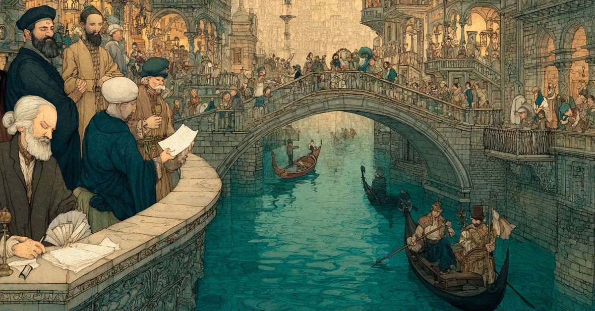 Illustration of Venice�s canals with merchants, gondolas, and Shylock holding a scroll beside the Rialto Bridge from The Merchant Of Venice