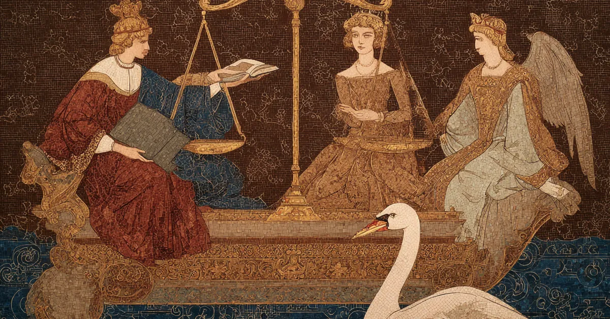 Open book showing scales of justice and gold imagery illustrating themes and symbols from The Merchant Of Venice