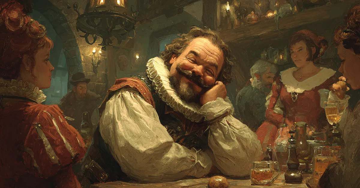 Falstaff leaning over a table plotting a scheme inside a bustling Windsor tavern
