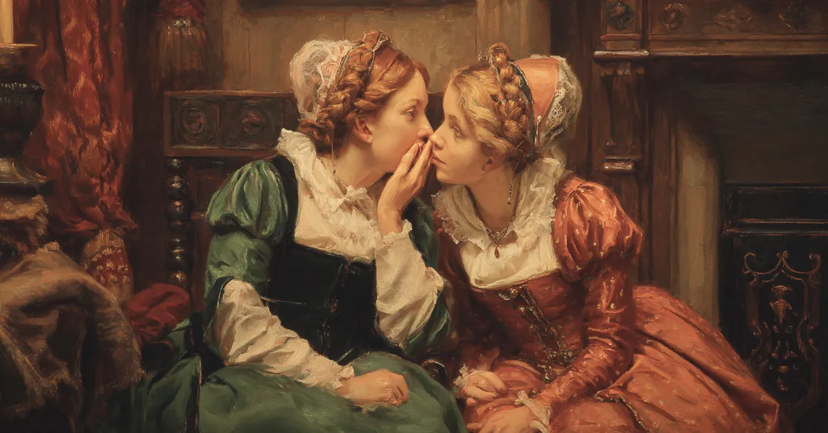 Mistress Ford and Mistress Page whispering together in a warm Tudor-style room