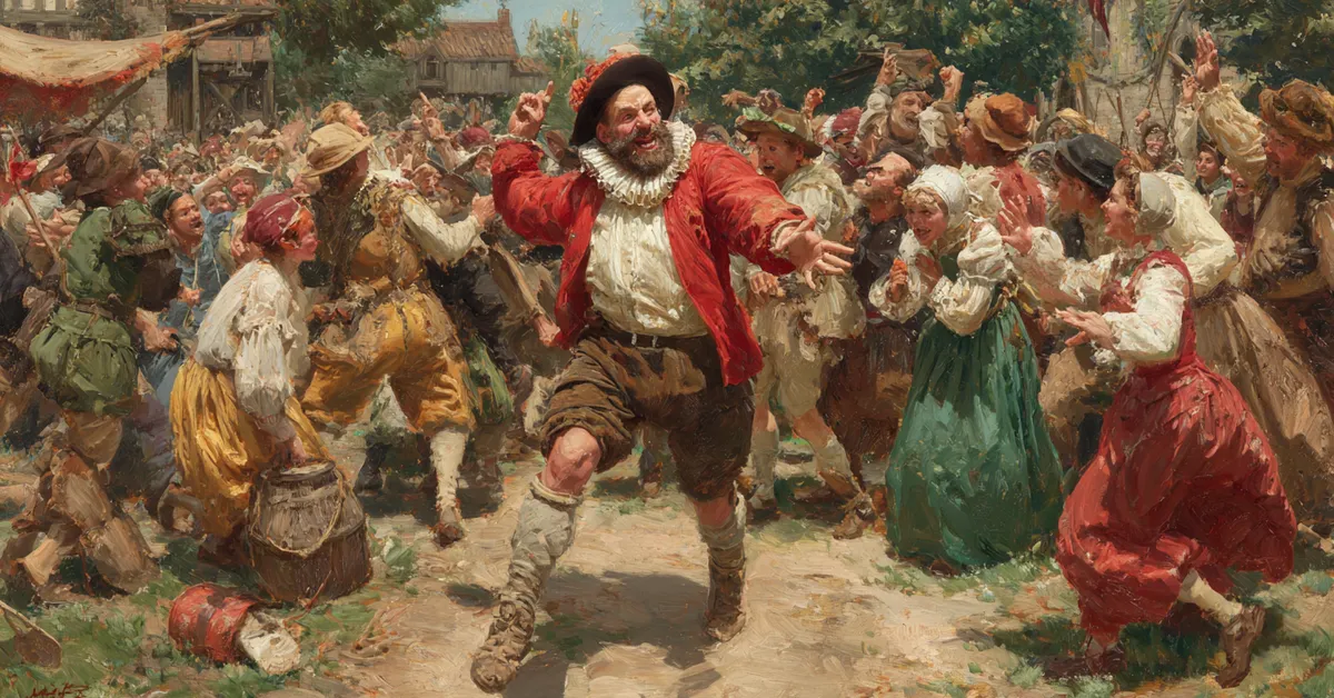 Falstaff caught by townsfolk in a chaotic outdoor confrontation near Windsor