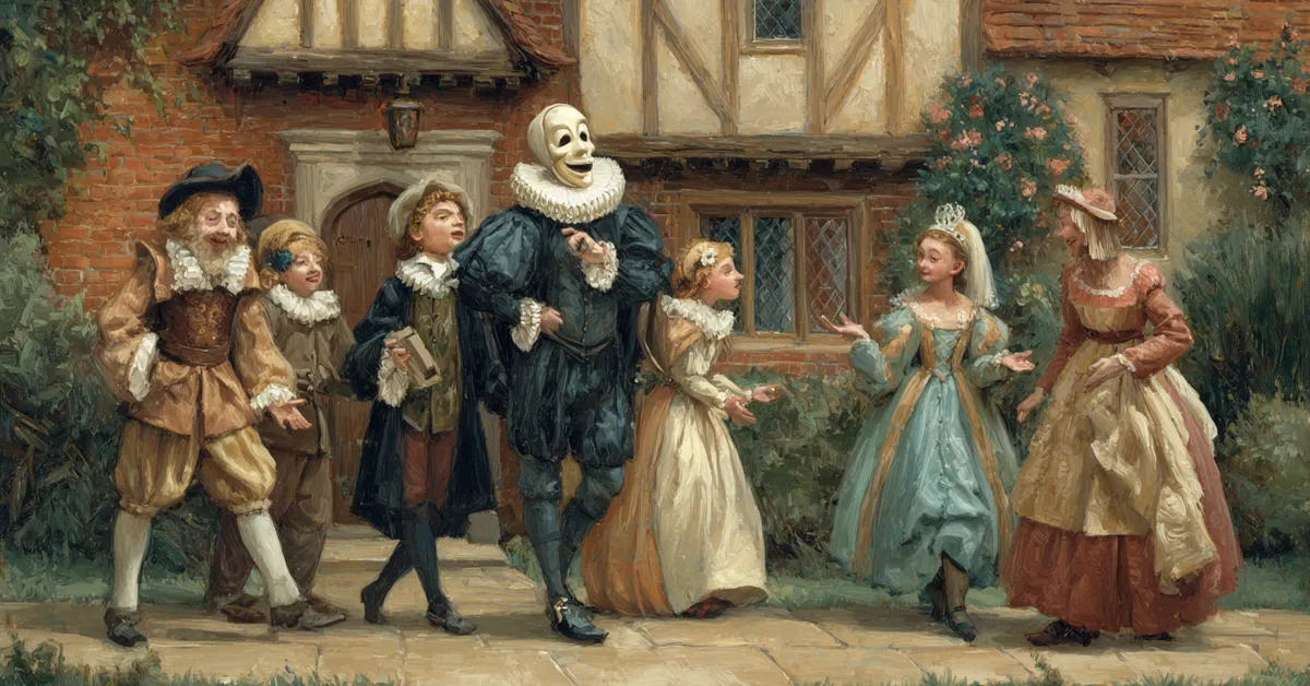 characters in clever disguises creating comic confusion outside a Tudor house