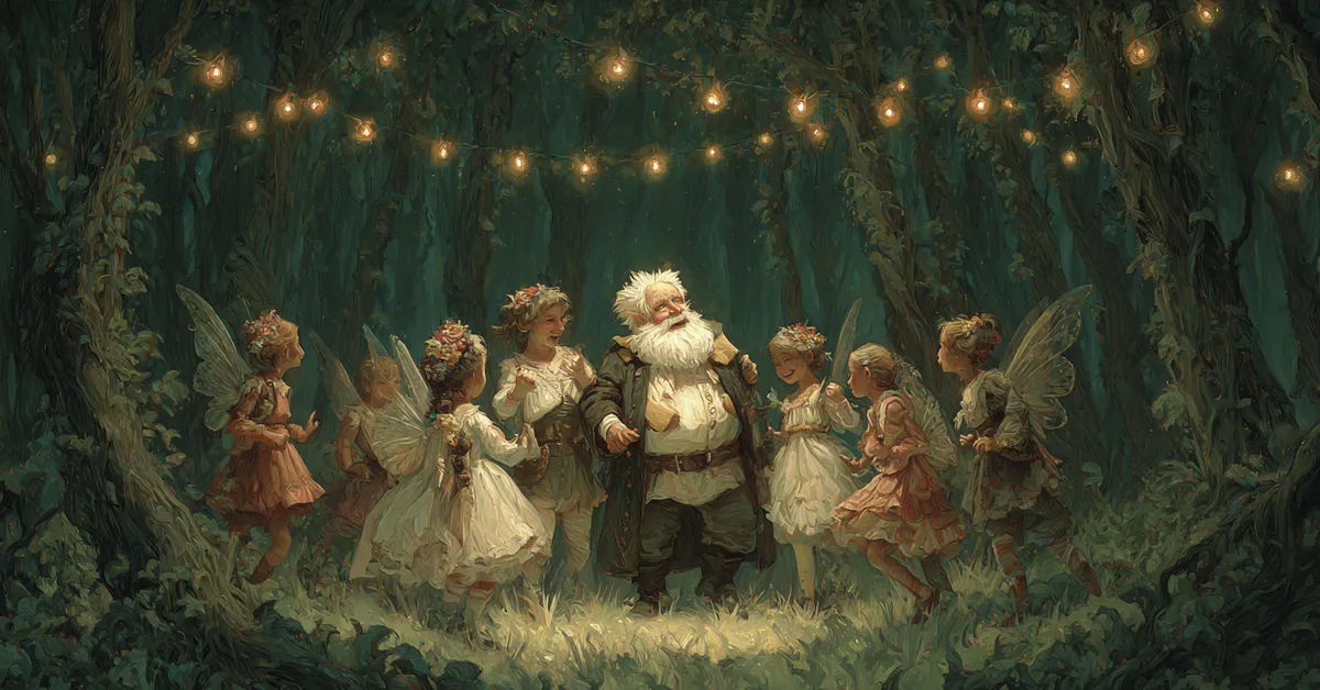 nighttime forest scene with townsfolk dressed as fairies surrounding Falstaff