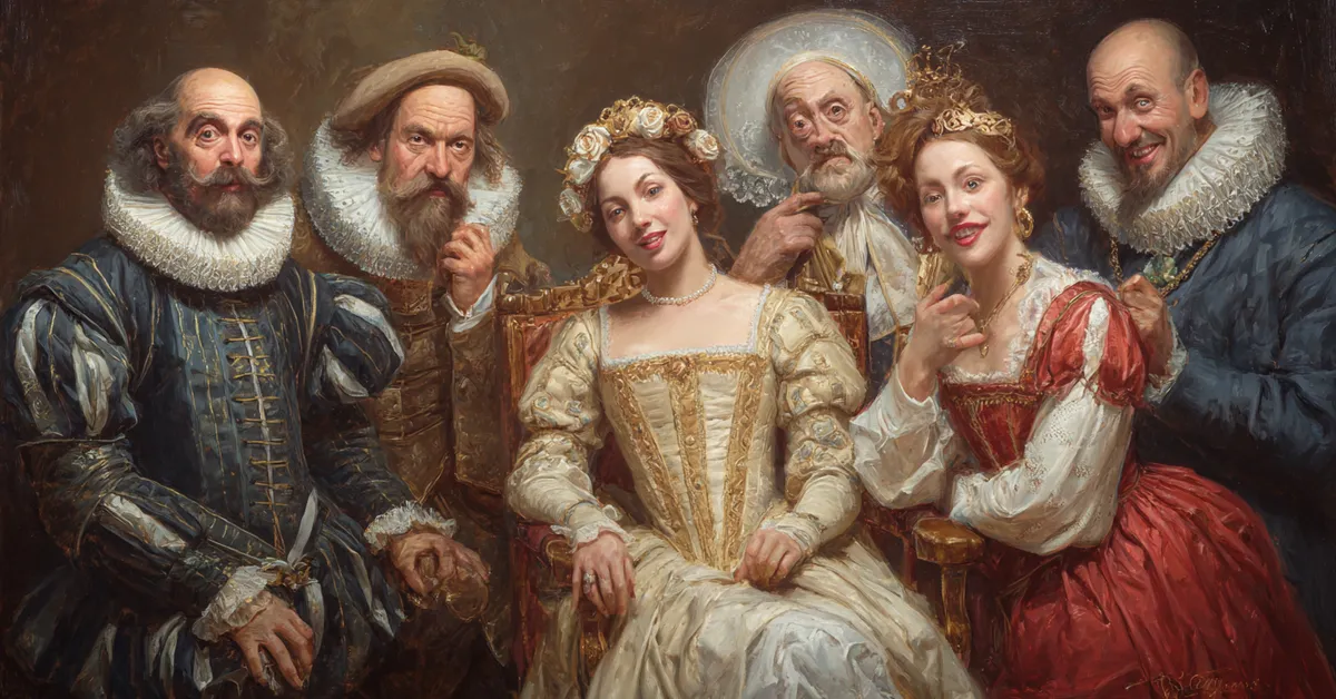 portraits of main characters arranged for visual comparison in a Tudor style