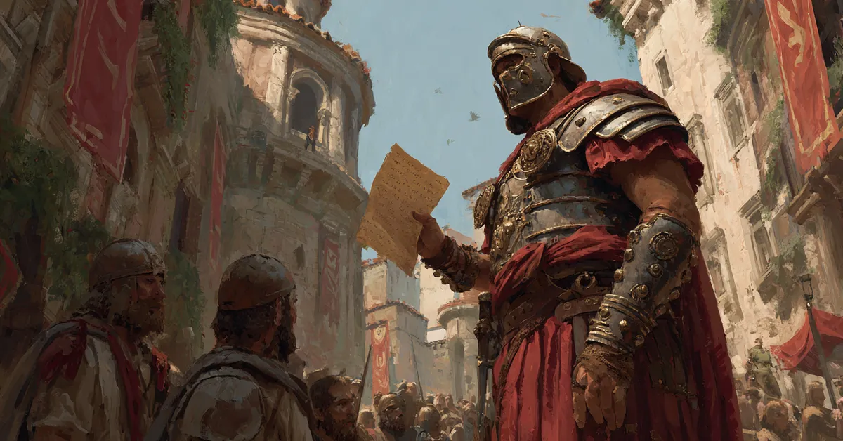 A messenger delivering a sealed scroll at a Roman outpost representing the turning point in Act 1 Scene 5
