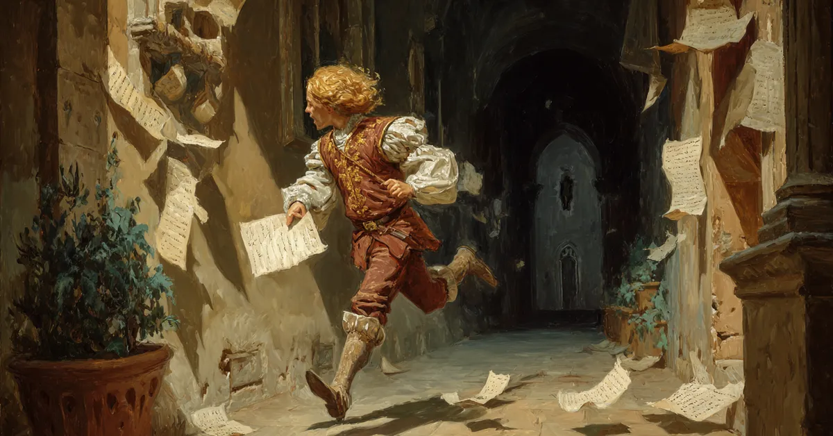 A hurried messenger moving through a castle corridor with parchment referencing the urgency in Hamlet Act 4 Scene 2
