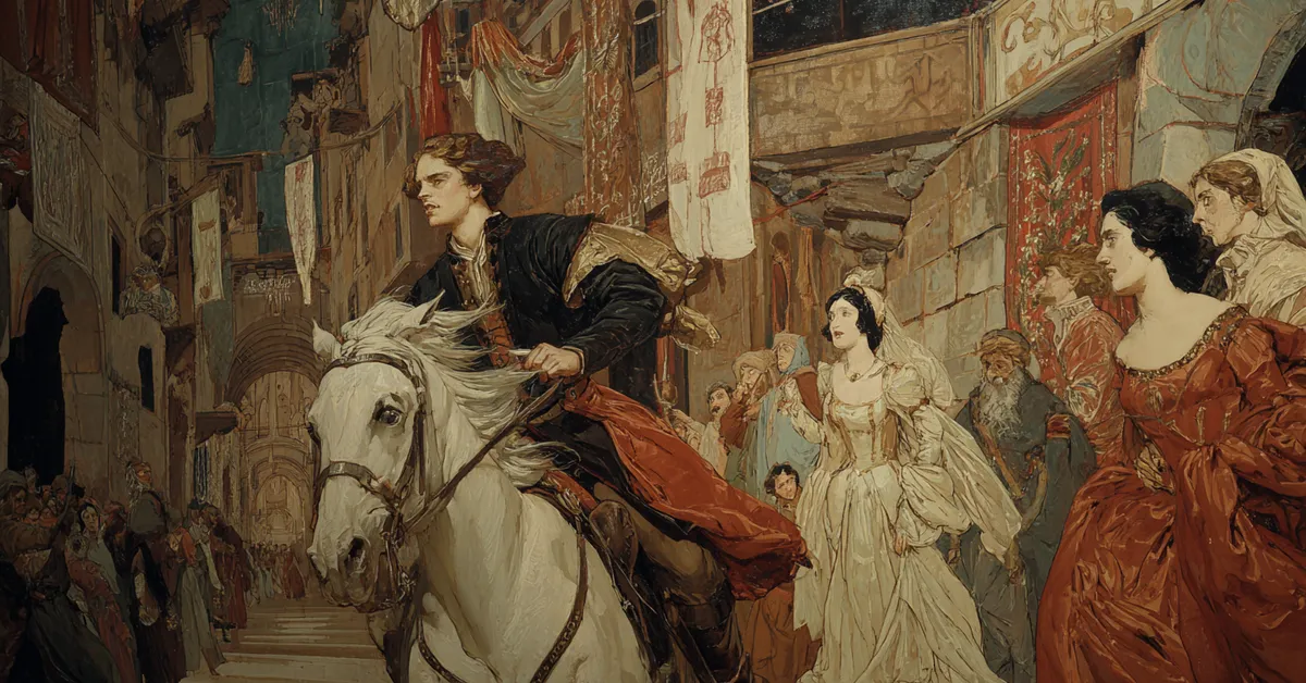 A messenger riding urgently through Verona streets highlighting Romeo and Juliet Act 5 Scene 2