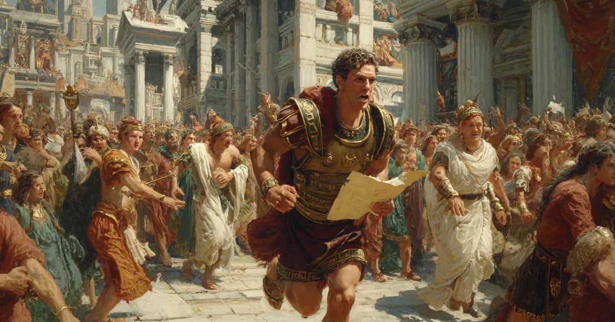 A messenger running through a crowded forum with a sealed tablet showing urgency in The Tragedy Of Julius Caesar Act 2 Scene 3