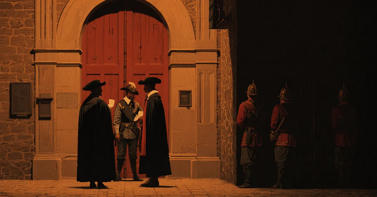 Two cloaked messengers at a castle gate at night one holding a sealed letter while guards look on introducing the urgent news of Henry IV Part 2 Act 1 Scene 1