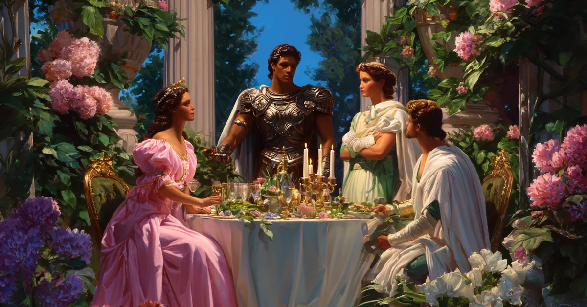 Scene with Hermia, Lysander, and Theseus in the royal court setting of Act 1 from A Midsummer Night�s Dream