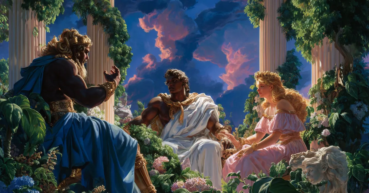 Theseus addressing Egeus and Hermia in a formal Athenian court setting from Act 1 Scene 1
