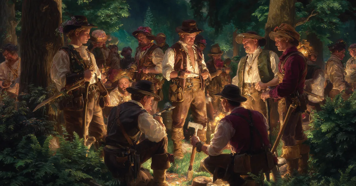 Tradesmen gathered with tools rehearsing their play plan for the duke in Act 1 Scene 2