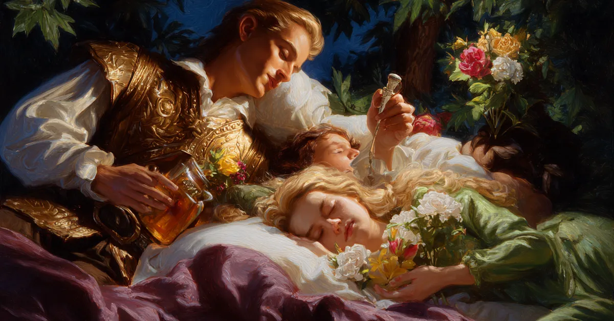 Puck hovering above sleeping lovers holding a flower that drips potion in Act 2 of A Midsummer Night�s Dream