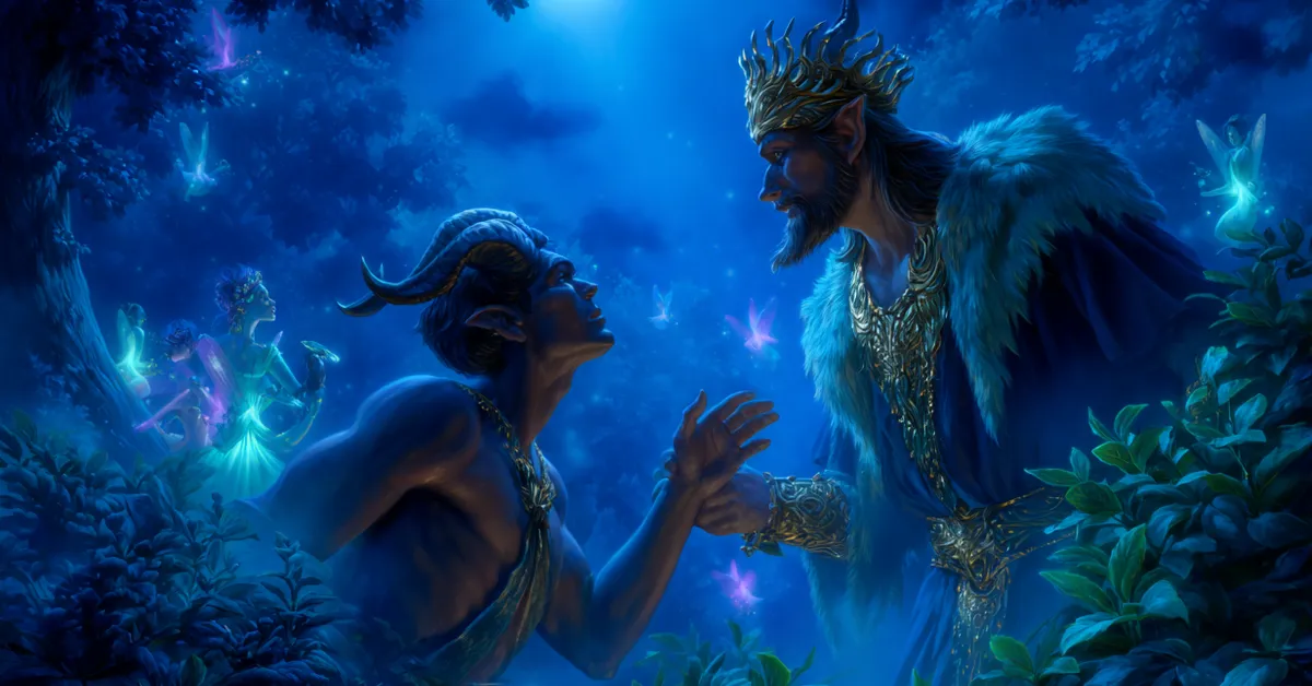 Oberon and Puck in a moonlit forest surrounded by glowing fairies from Act 2 Scene 1