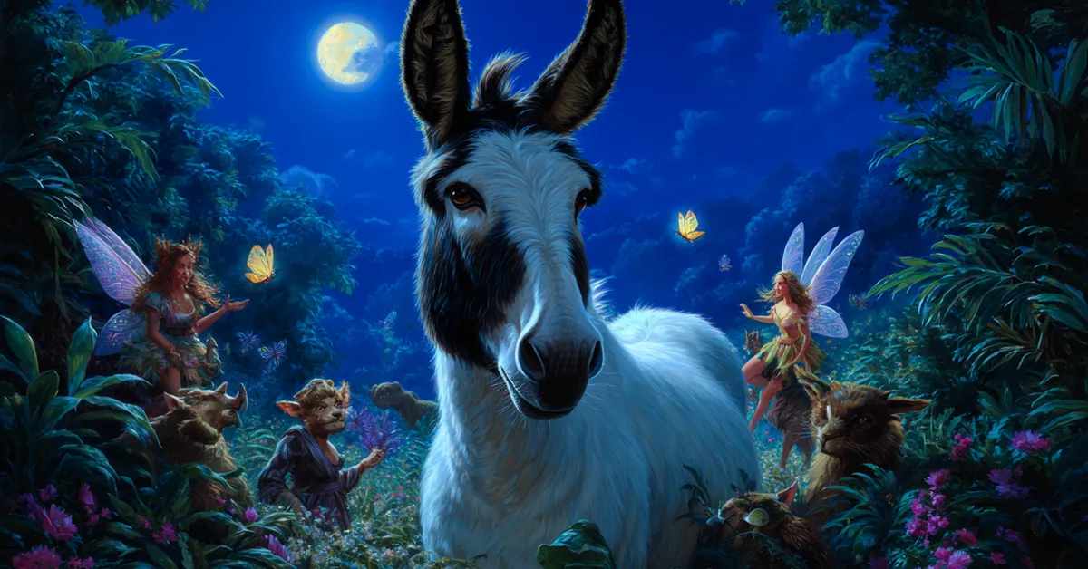 Bottom transformed with a donkey head surrounded by fairies under moonlight from Act 3 of A Midsummer Night�s Dream