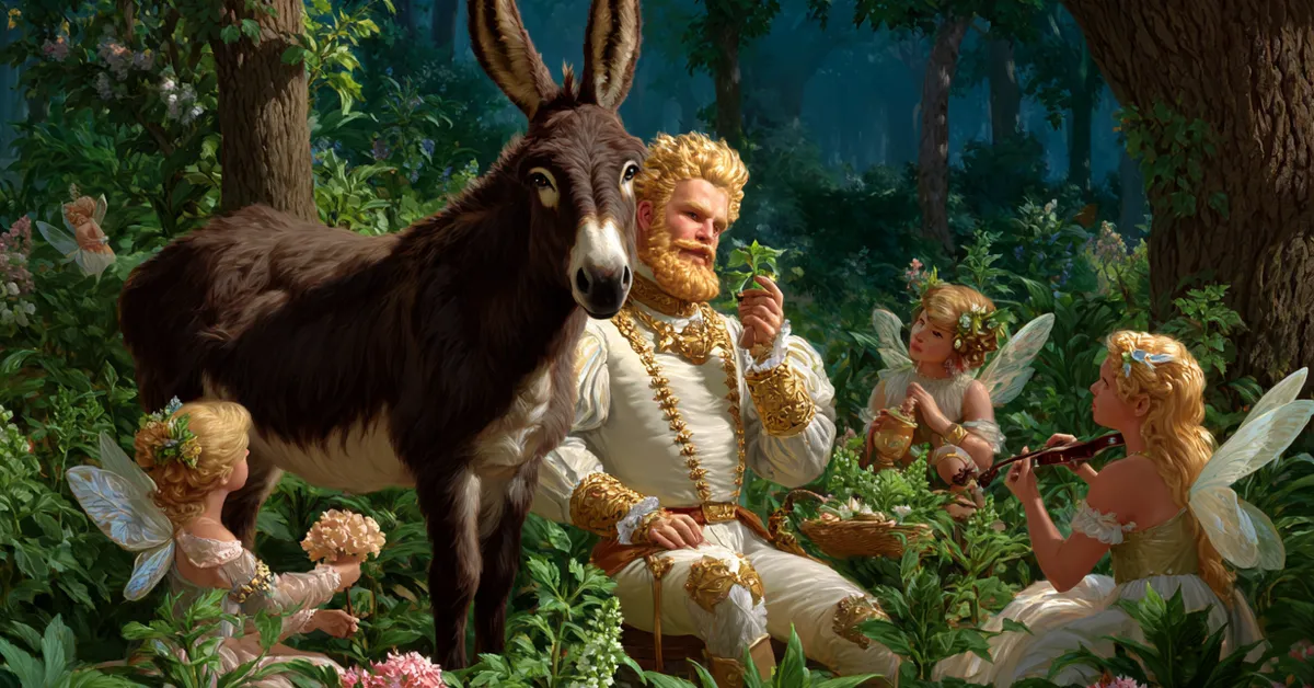 Bottom with donkey ears serenaded by Titania and fairies in a forest clearing in Act 3 Scene 1