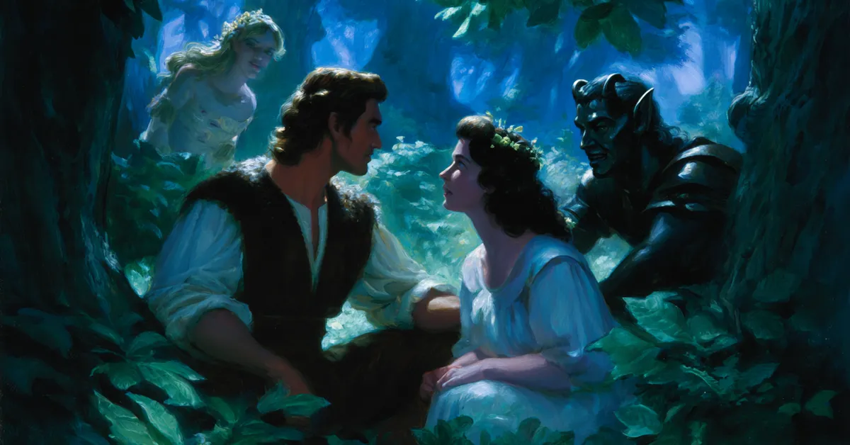 Lovers arguing in the forest as Puck watches unseen in Act 3 Scene 2 from A Midsummer Night�s Dream