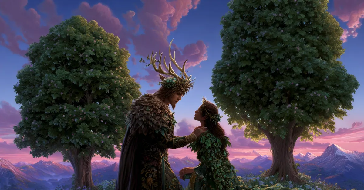 Titania and Oberon reconciling near enchanted trees as dawn breaks in Act 4 of A Midsummer Night�s Dream